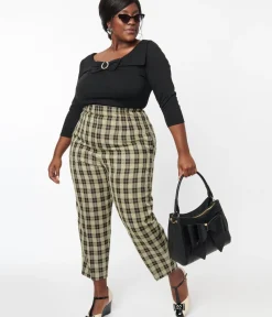 Unique Vintage Pants|Pants>Plus Size 1930s Cream & Black Plaid Front Pleat Pants