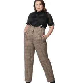 Unique Vintage Pants|Pants>Plus Size 1930s Dark Beige Windowpane Thelma Suspender Pants