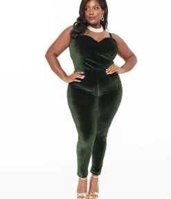 Unique Vintage Rompers & Jumpsuits|Rompers & Jumpsuits>Plus Size 1970s Dark Green Velvet Jumpsuit
