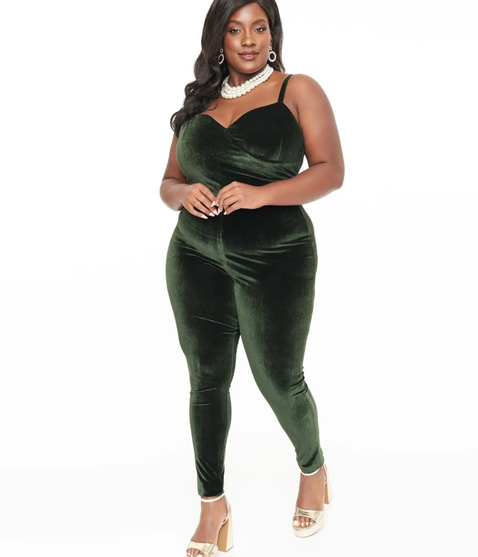 Unique Vintage Rompers & Jumpsuits|Rompers & Jumpsuits>Plus Size 1970s Dark Green Velvet Jumpsuit