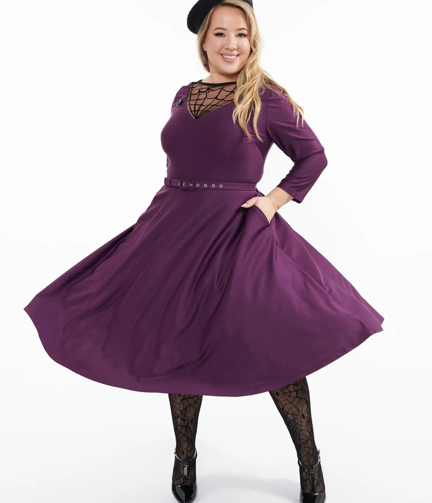 Unique Vintage Swing|Everyday Dresses>Plus Size 1950s Eggplant & Black Spiderweb Devon Swing Dress