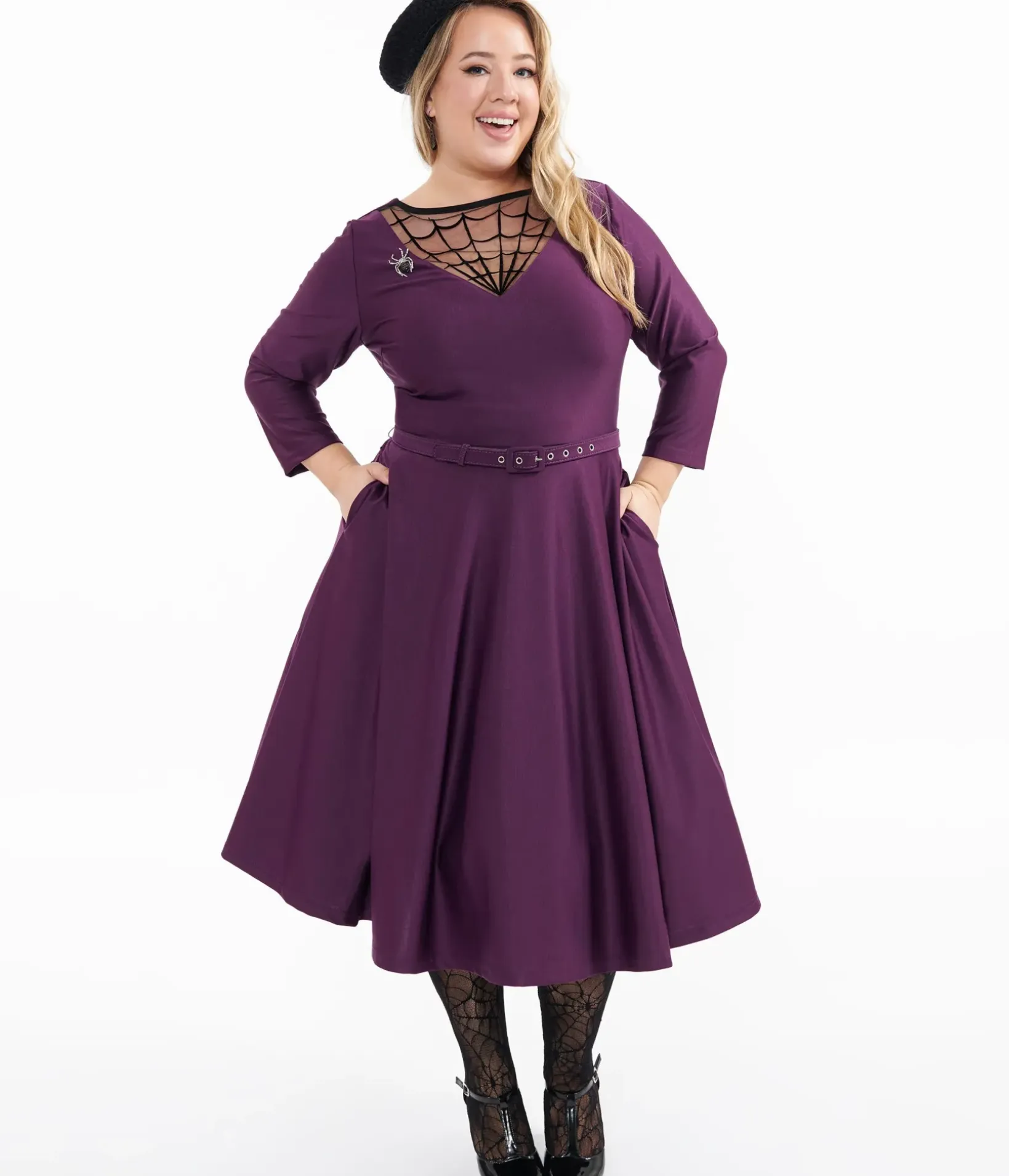 Unique Vintage Swing|Everyday Dresses>Plus Size 1950s Eggplant & Black Spiderweb Devon Swing Dress