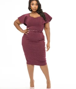 Unique Vintage Pencil|Pencil>Plus Size 1940s Eggplant & Pink Dot Flutter Sleeve Pencil Dress