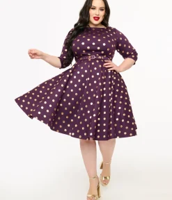 Unique Vintage Swing|Pocket Dresses>Plus Size 1950s Eggplant Rose Foil Polka Dot Devon Swing Dress