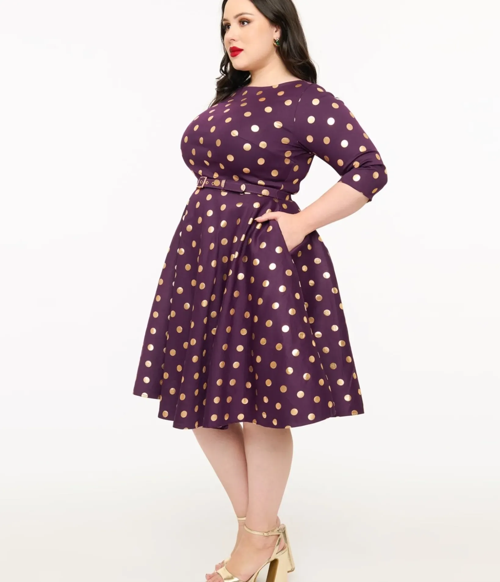 Unique Vintage Swing|Pocket Dresses>Plus Size 1950s Eggplant Rose Foil Polka Dot Devon Swing Dress