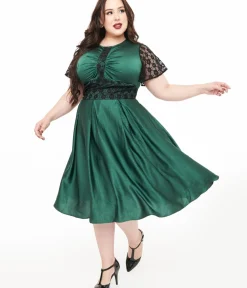 Unique Vintage Swing|Pocket Dresses>Plus Size 1940s Emerald Green & Black Lace Swing Dress