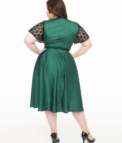Unique Vintage Swing|Pocket Dresses>Plus Size 1940s Emerald Green & Black Lace Swing Dress