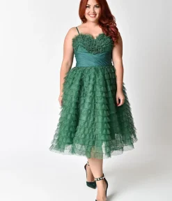 Unique Vintage Swing|Swing>Plus Size 1950s Emerald Green Ruffled Tulle Sweetheart Cupcake Swing Dress