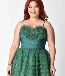 Unique Vintage Swing|Swing>Plus Size 1950s Emerald Green Ruffled Tulle Sweetheart Cupcake Swing Dress