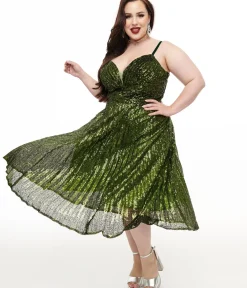 Unique Vintage Swing|Swing>Plus Size 1950s Emerald Pleated Sequin Swing Dress