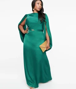 Unique Vintage Maxi|Midi & Maxi>Plus Size 1920s Emerald Satin & Snake Pin Evening Gown
