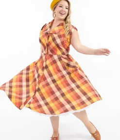 Unique Vintage Swing|Pocket Dresses>Plus Size 1950s Fall Madras Plaid Shirt Dress