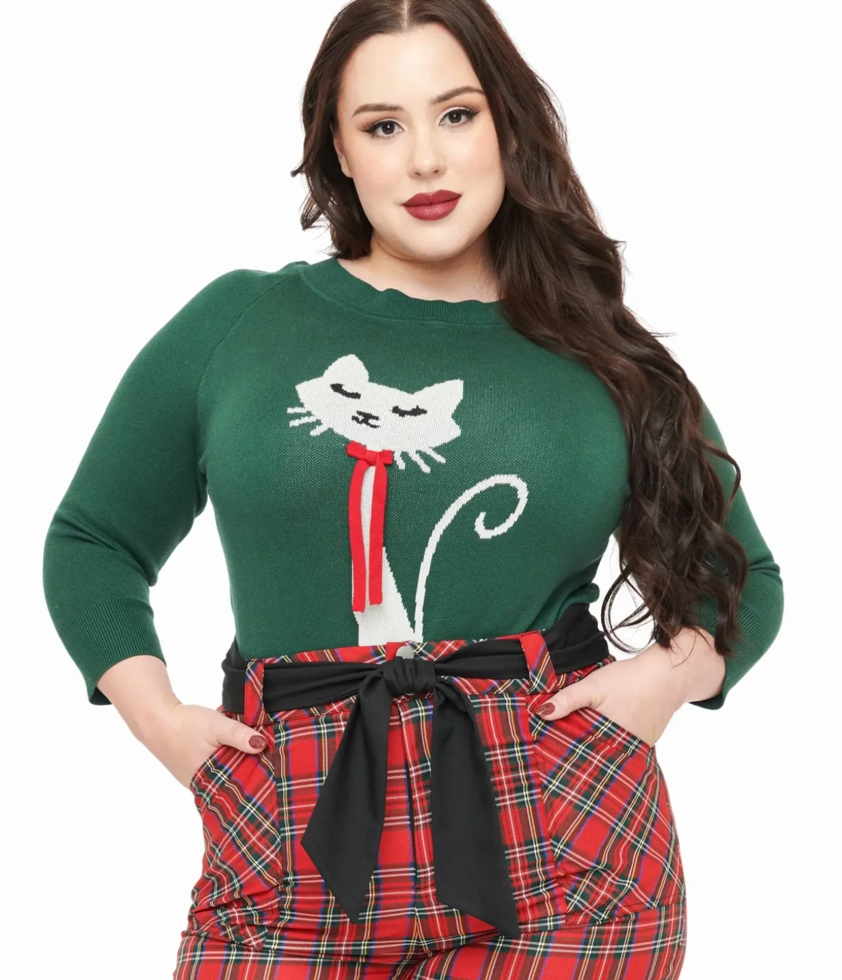 Unique Vintage Sweaters & Cardigans|Sweaters & Cardigans>Plus Size 1960s Forest Green & Cream Cat Lorelai Sweater