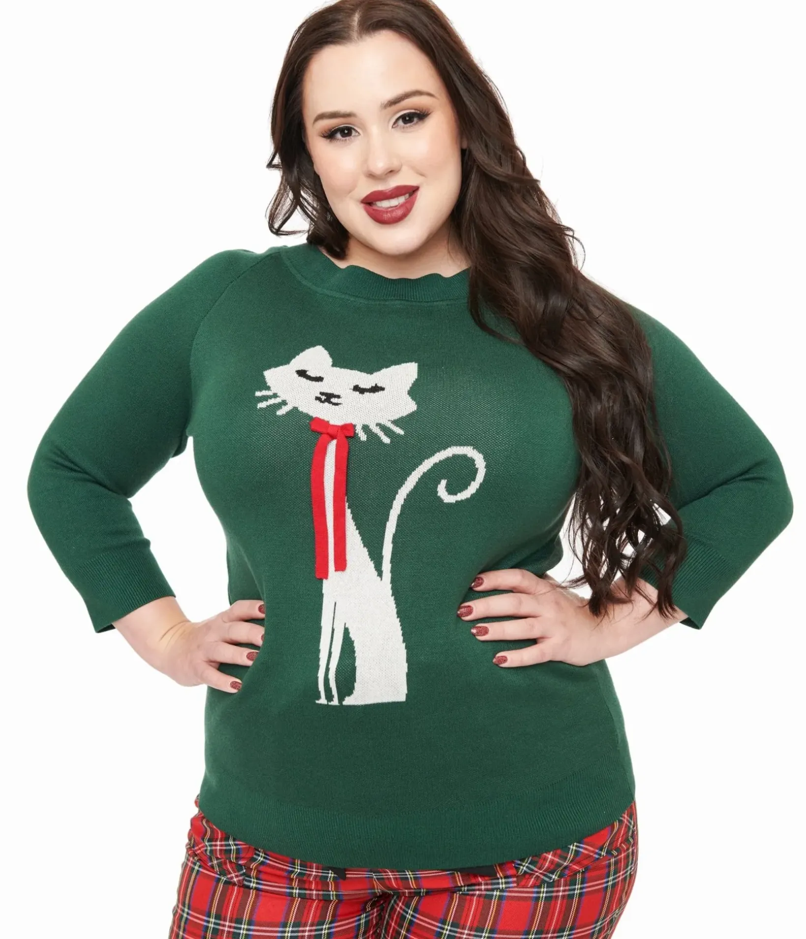 Unique Vintage Sweaters & Cardigans|Sweaters & Cardigans>Plus Size 1960s Forest Green & Cream Cat Lorelai Sweater