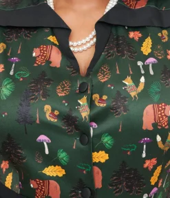 Unique Vintage Swing|Pocket Dresses>Plus Size 1940s Forest Green Woodland Creature Hedda Swing Dress