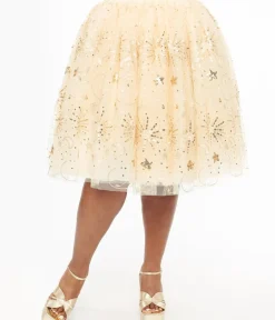 Unique Vintage Skirts|Skirts>Plus Size 1950s Gold Glitter Celestial Tulle Sweetie Pie Flare Skirt