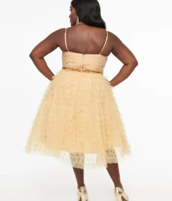 Unique Vintage Swing|Swing>Plus Size 1950s Gold Glitter Tulle Cupcake Swing Dress