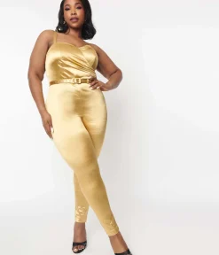 Unique Vintage Rompers & Jumpsuits>Plus Size 1970s Gold Spandex Belted Jumpsuit