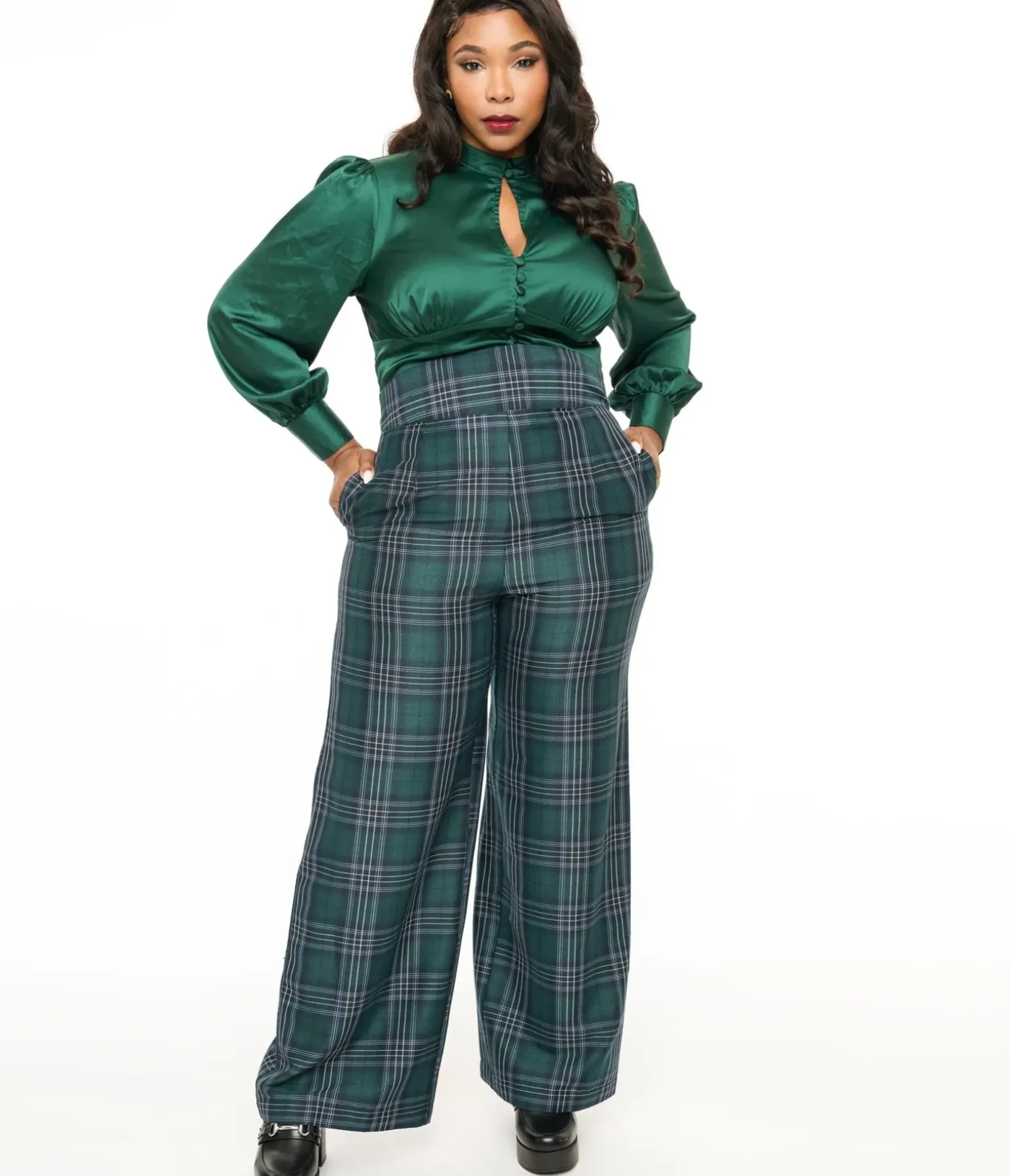 Unique Vintage Pants|Pants>Plus Size 1940s Green & Black Plaid High Waist Pants