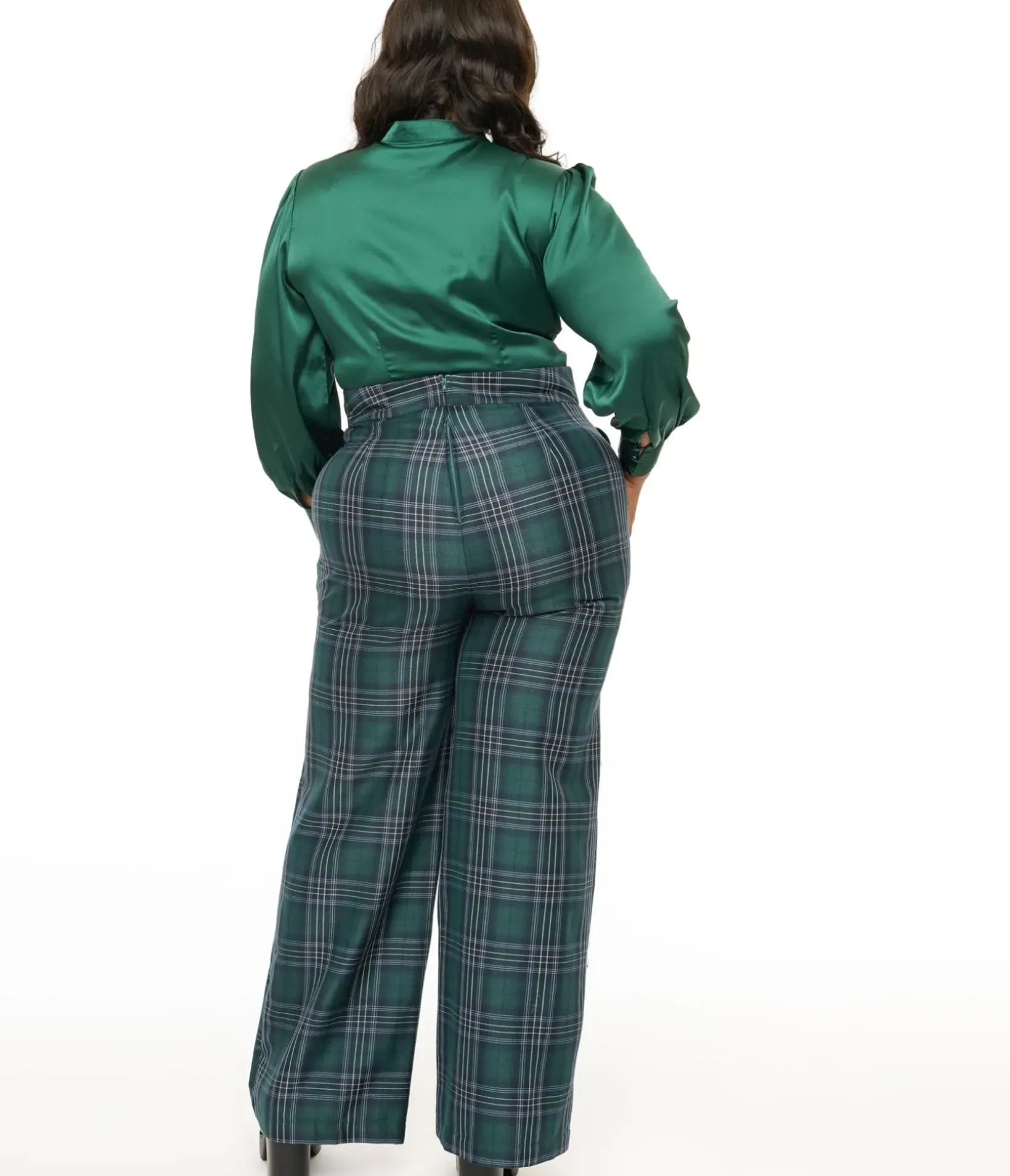 Unique Vintage Pants|Pants>Plus Size 1940s Green & Black Plaid High Waist Pants