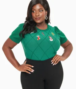 Unique Vintage Sweaters & Cardigans|Sweaters & Cardigans>Plus Size 1950s Green Christmas Embroidered Sweater