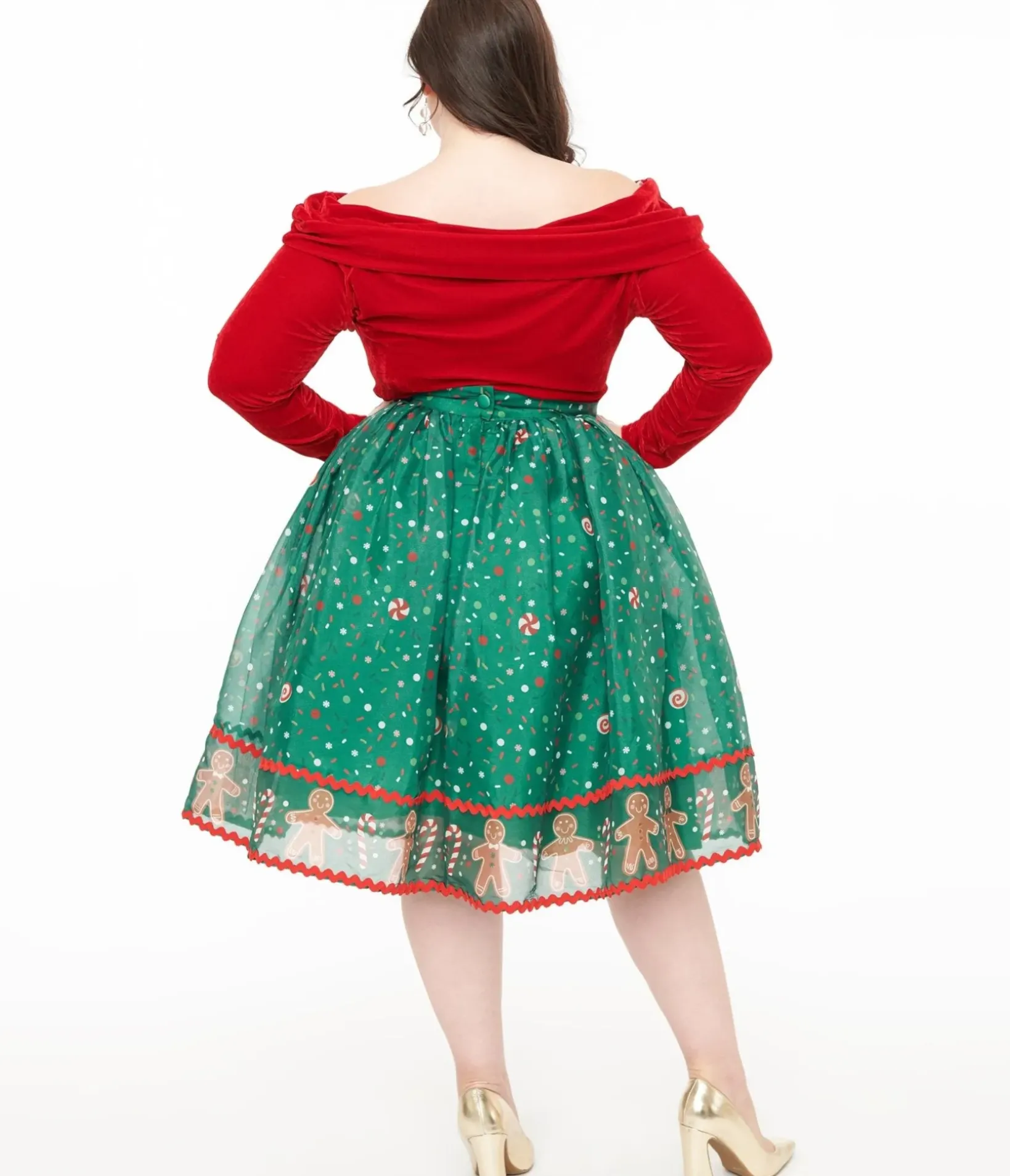 Unique Vintage Skirts>Plus Size 1950s Green Gingerbread Border Brilliance Swing Skirt