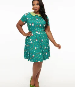 Unique Vintage Fit & Flare|Everyday Dresses>Plus Size 1950s Green Gnome Print Fit & Flare Dress