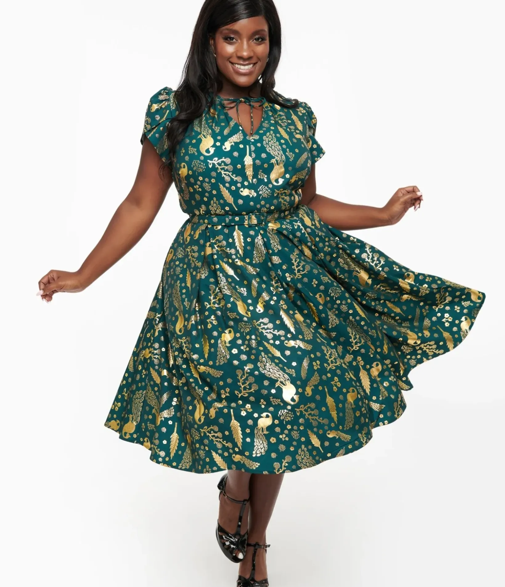 Unique Vintage Swing|Pocket Dresses>Plus Size 1940s Green & Gold Peacock Print Dahlia Swing Dress