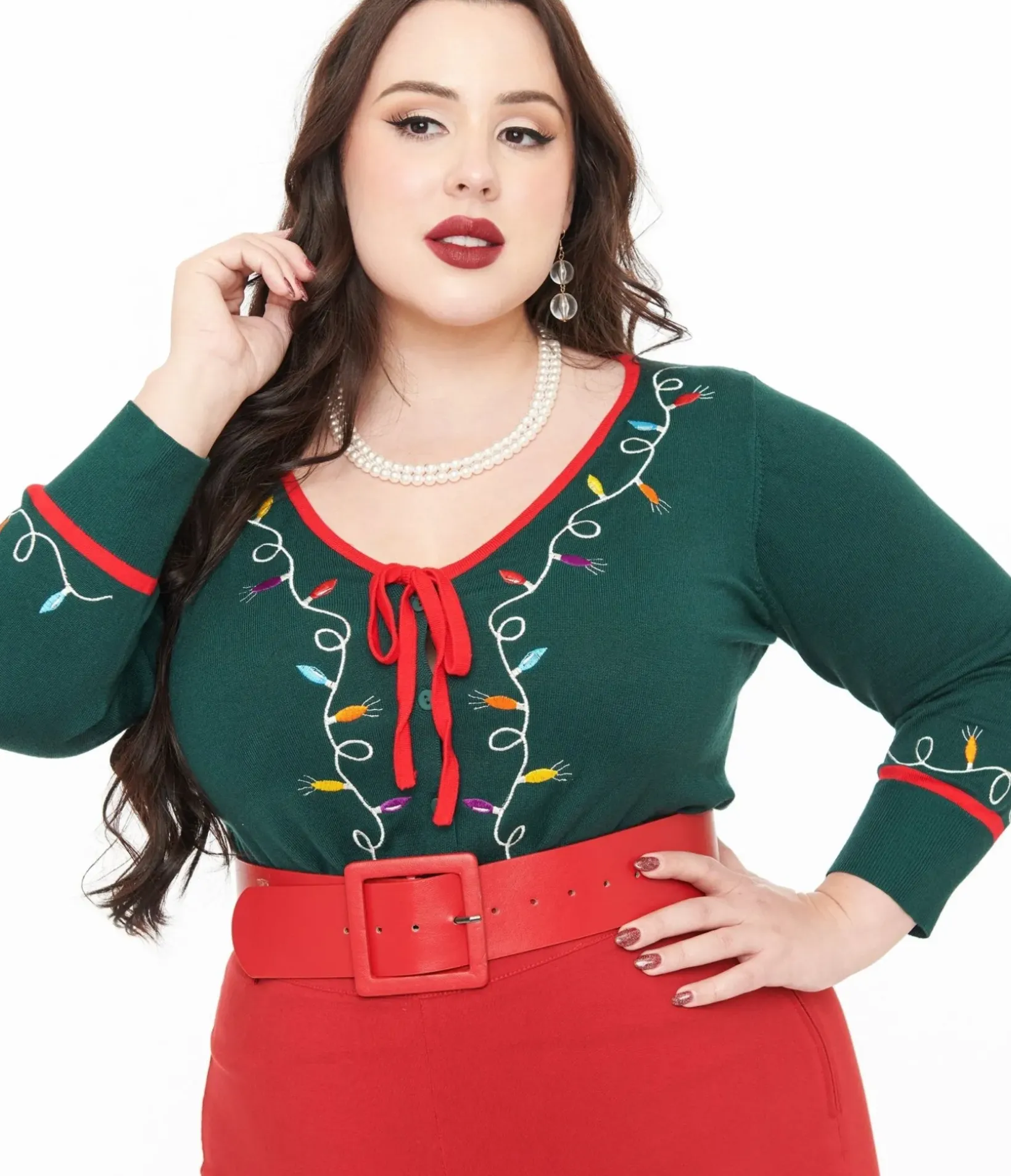 Unique Vintage Sweaters & Cardigans>Plus Size 1950s Green Holiday Lights Crop Cardigan