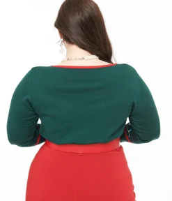 Unique Vintage Sweaters & Cardigans>Plus Size 1950s Green Holiday Lights Crop Cardigan