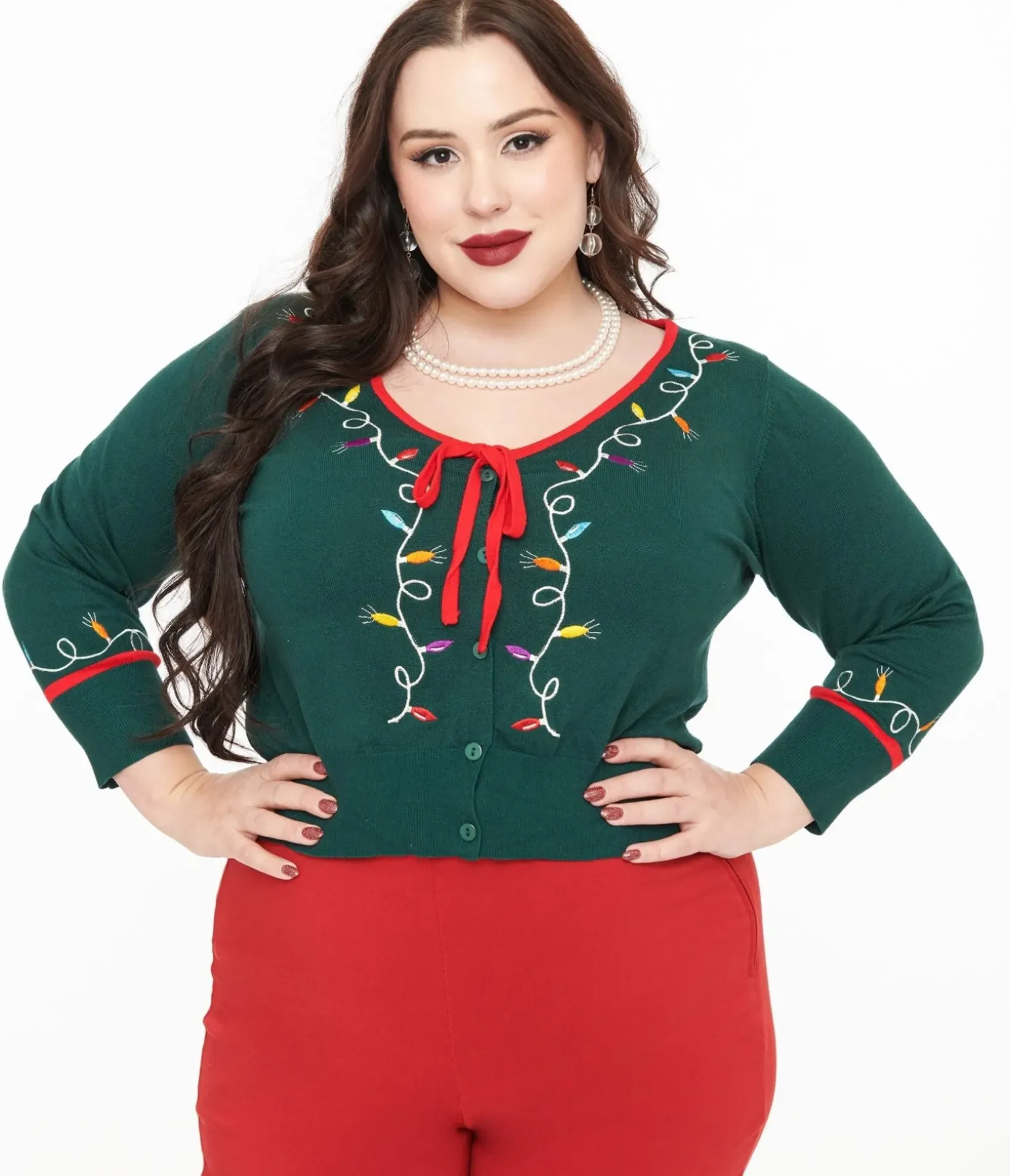 Unique Vintage Sweaters & Cardigans>Plus Size 1950s Green Holiday Lights Crop Cardigan