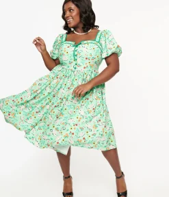 Unique Vintage Swing|Swing>Plus Size 1940s Green Possum Print Button Front Dress