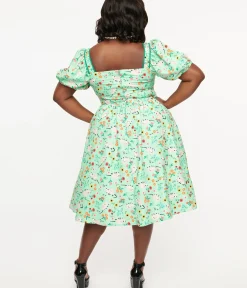Unique Vintage Swing|Swing>Plus Size 1940s Green Possum Print Button Front Dress