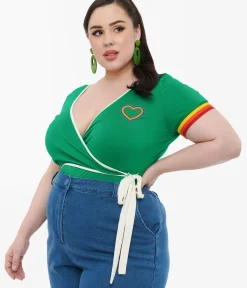 Unique Vintage Pride>Plus Size 1970s Green & Rainbow Heart Surplice Bodysuit