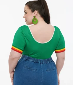 Unique Vintage Pride>Plus Size 1970s Green & Rainbow Heart Surplice Bodysuit