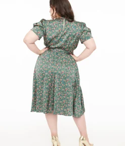 Unique Vintage Swing|Pocket Dresses>Plus Size 1940s Green & Red Fan Print Swing Dress