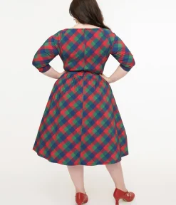 Unique Vintage Swing|Pocket Dresses>Plus Size 1950s Green & Red Plaid Sweetheart Swing Dress