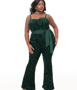 Unique Vintage Rompers & Jumpsuits|Rompers & Jumpsuits>Plus Size 1960s Green Sequin Flare Jumpsuit