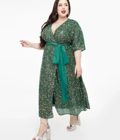 Unique Vintage Midi|Wrap Dresses>Plus Size 1960s Green Sequin Wrap Midi Dress