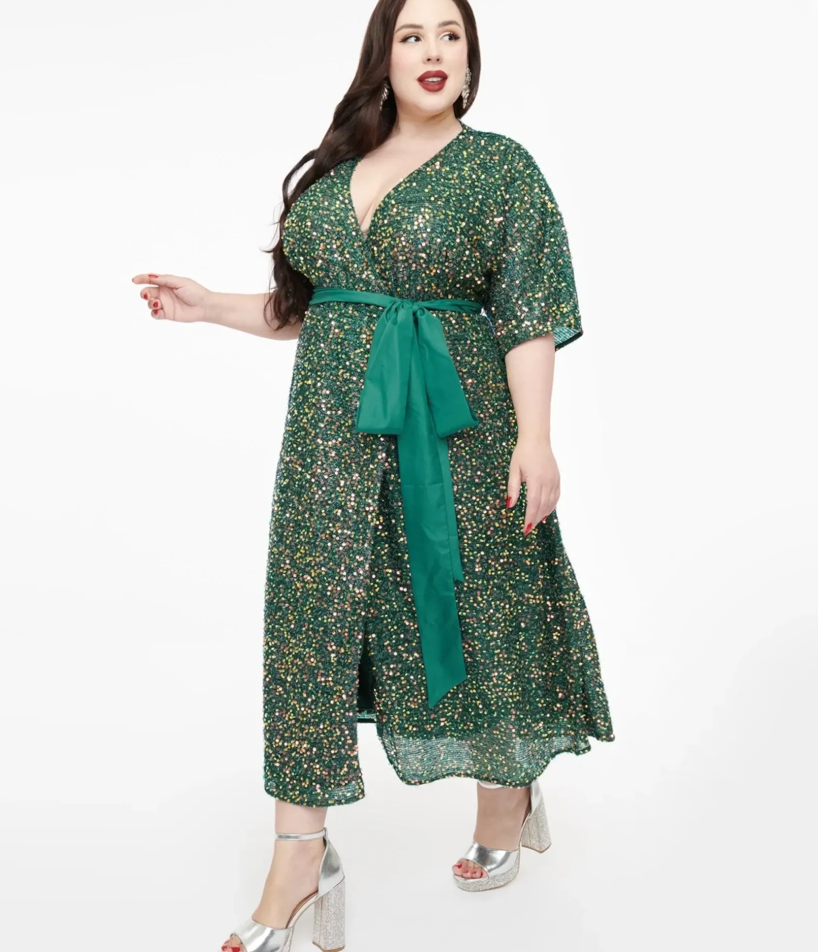 Unique Vintage Midi|Wrap Dresses>Plus Size 1960s Green Sequin Wrap Midi Dress