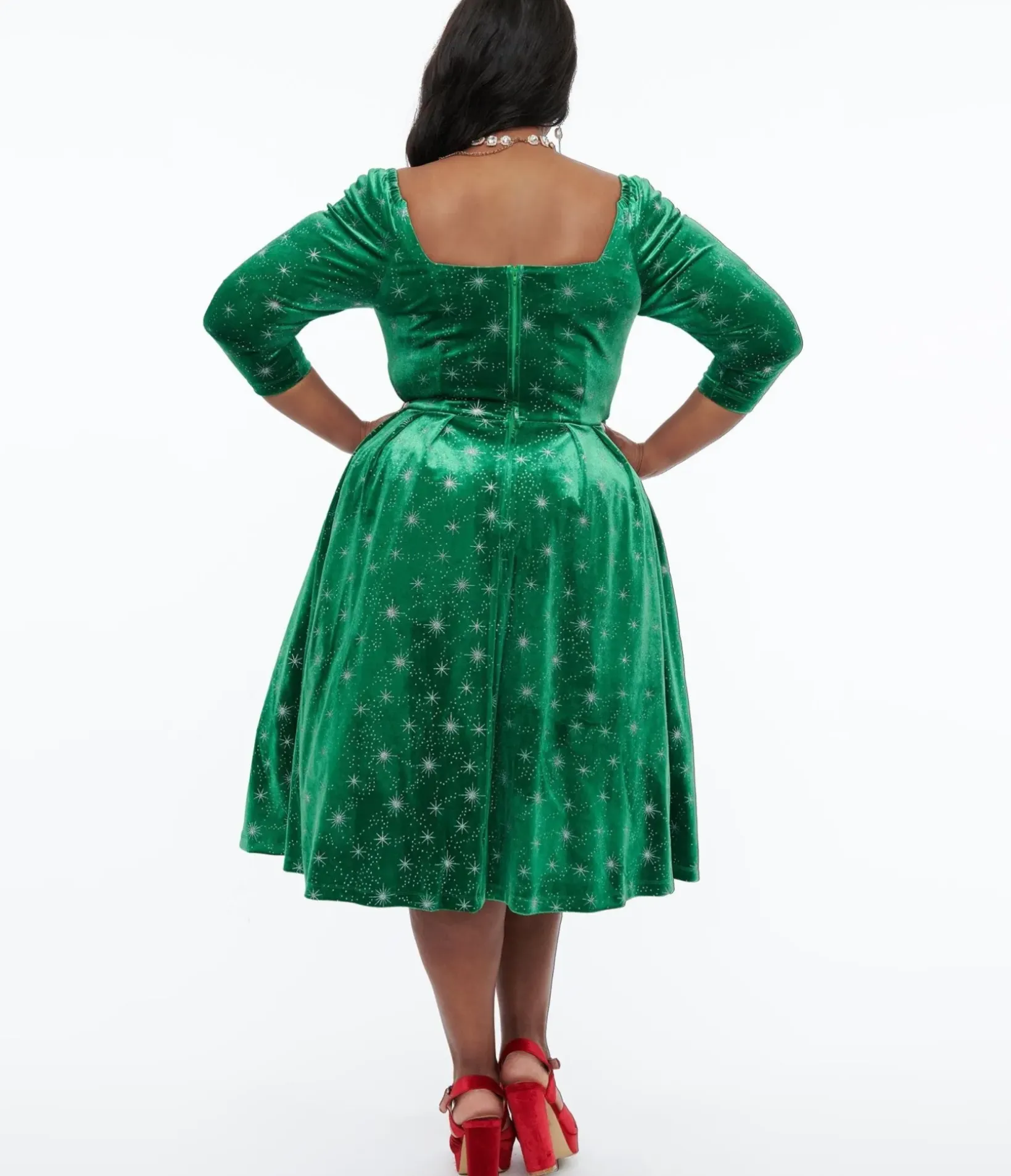 Unique Vintage Swing|Swing>Plus Size 1950s Green & Silver Snowflake Velvet Lamar Swing Dress
