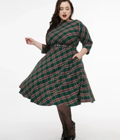 Unique Vintage Swing|Pocket Dresses>Plus Size 1950s Green & Tan Plaid Devon Swing Dress