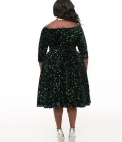 Unique Vintage Swing|Pocket Dresses>Plus Size 1950s Green Velvet Sequin Marceline Swing Dress