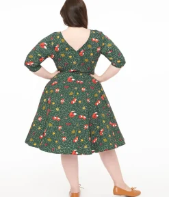 Unique Vintage Swing|Pocket Dresses>Plus Size 1950s Green Winter Fox Devon Swing Dress