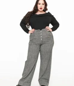 Unique Vintage Pants|Pants>Plus Size 1940s Grey Herringbone Buttoned Wide Leg Trousers