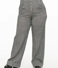 Unique Vintage Pants|Pants>Plus Size 1940s Grey Herringbone Buttoned Wide Leg Trousers