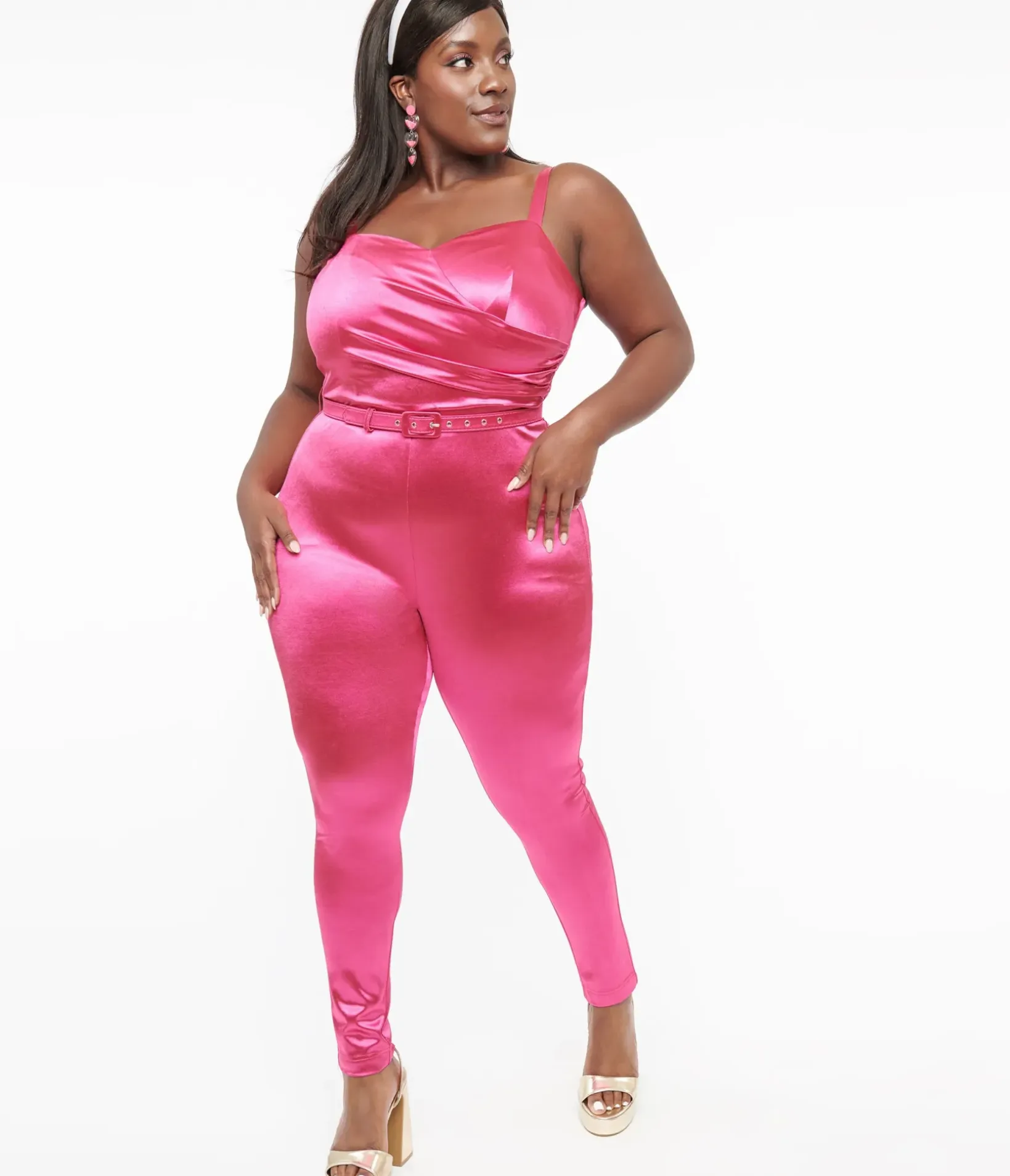 Unique Vintage Rompers & Jumpsuits|Rompers & Jumpsuits>Plus Size 1970s Hot Pink Spandex Belted Jumpsuit