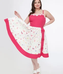 Unique Vintage Skirts|Skirts>Plus Size 1950s Hot Pink & White Butterfly Print Rye Swing Skirt