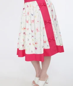 Unique Vintage Skirts|Skirts>Plus Size 1950s Hot Pink & White Butterfly Print Rye Swing Skirt
