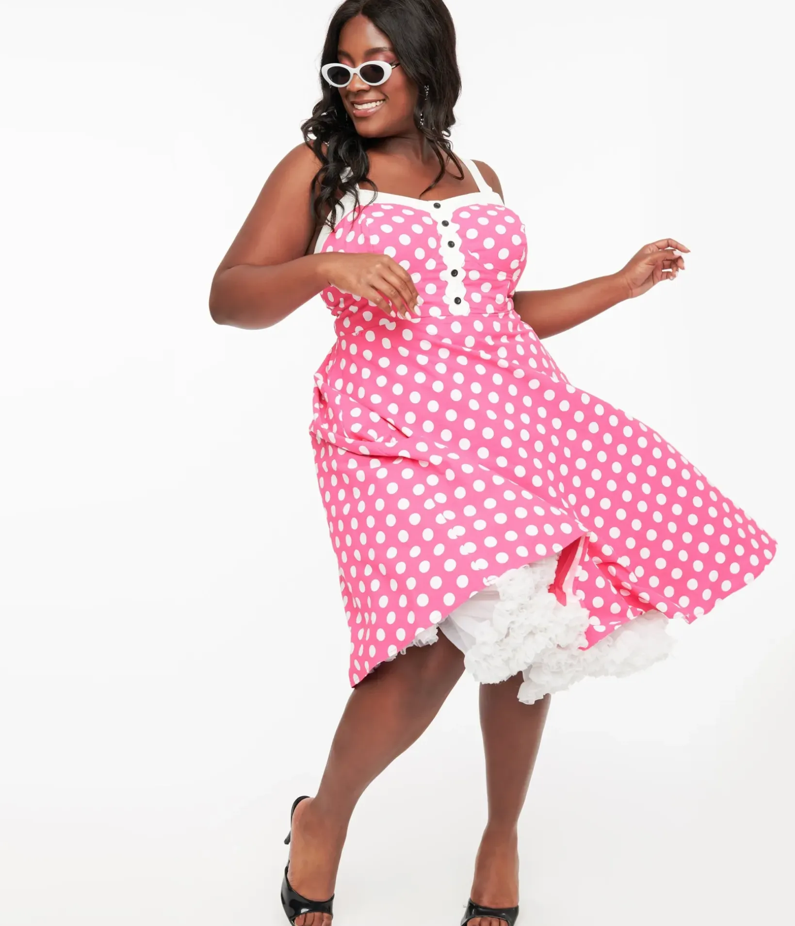 Unique Vintage Swing|Swing>Plus Size 1950s Hot Pink & White Polka Dot Cotton Swing Dress